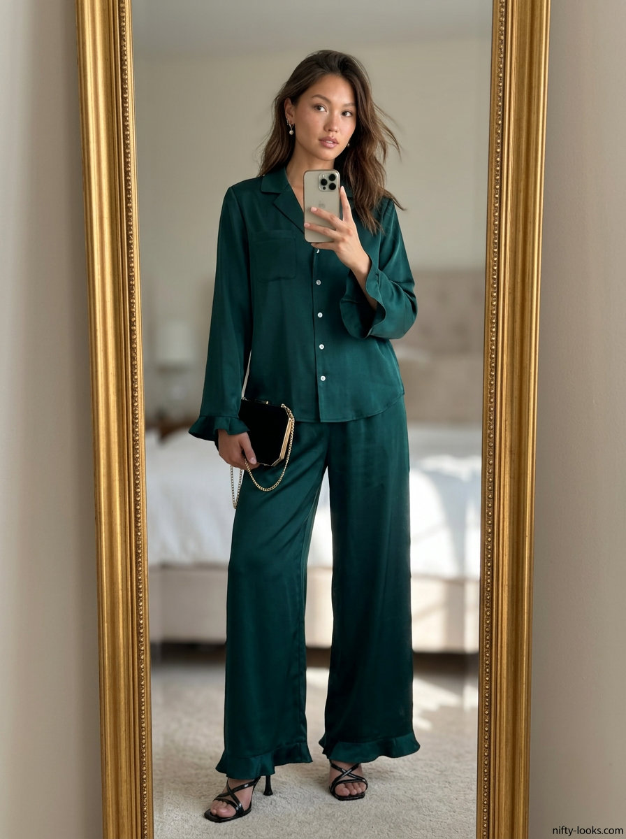 Luxurious summer matching set co-ord outfits for women 2026: emerald green satin pajama set for resort wear.