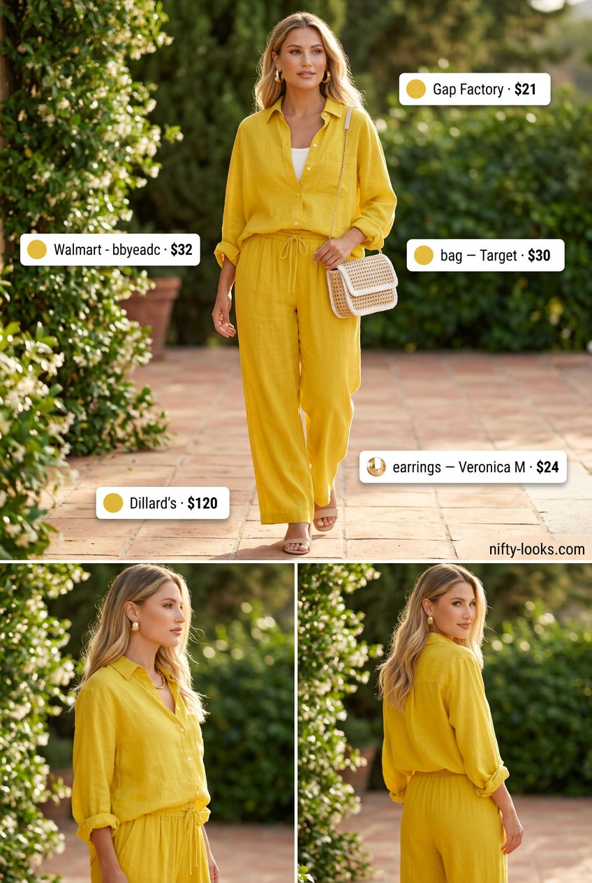 Goldenrod yellow linen matching set co-ord outfits for women 2026, perfect for elegant evening events.