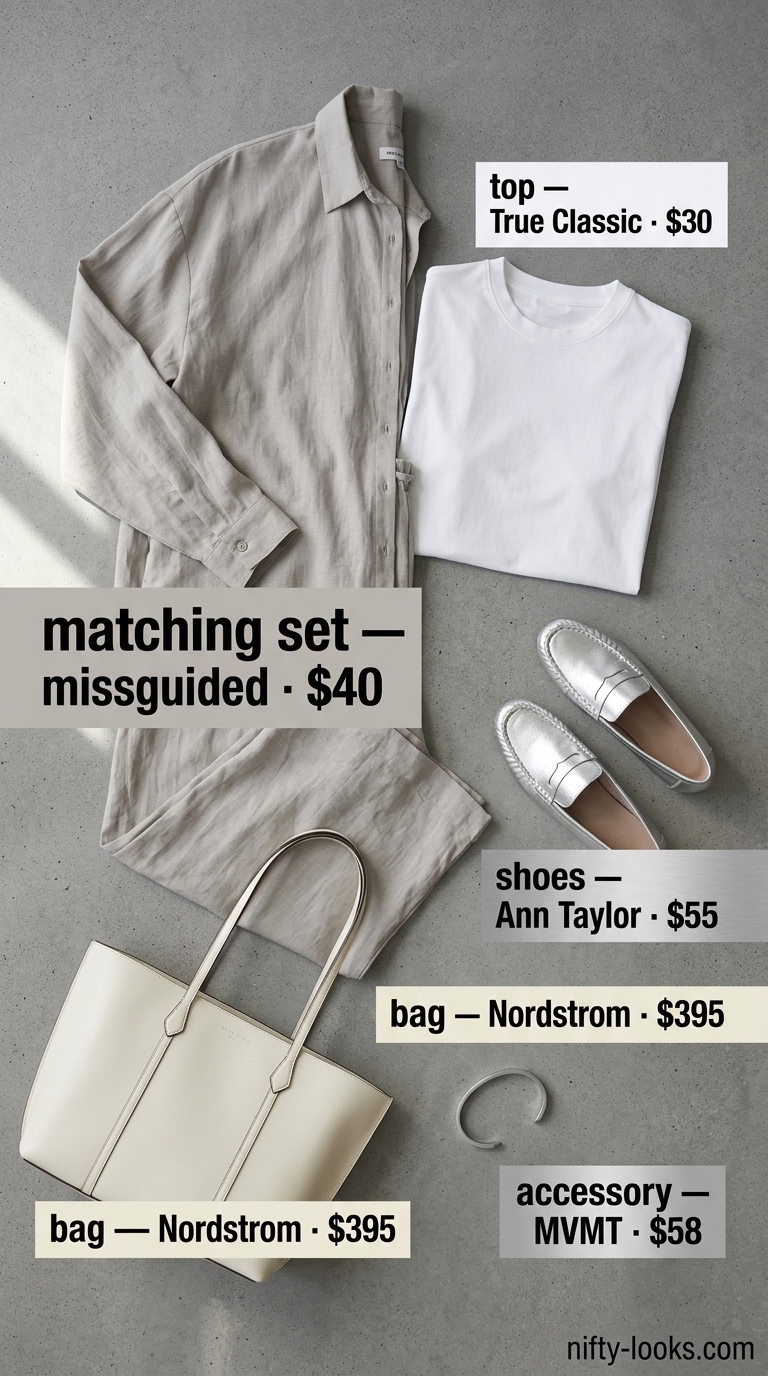 Sophisticated summer matching set co-ord outfits for women 2026: stone grey linen shirt & pants for travel.