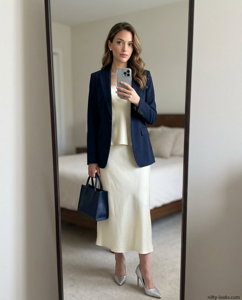 Deep navy tailored matching set co-ord outfits for women 2026, for sophisticated summer work events.