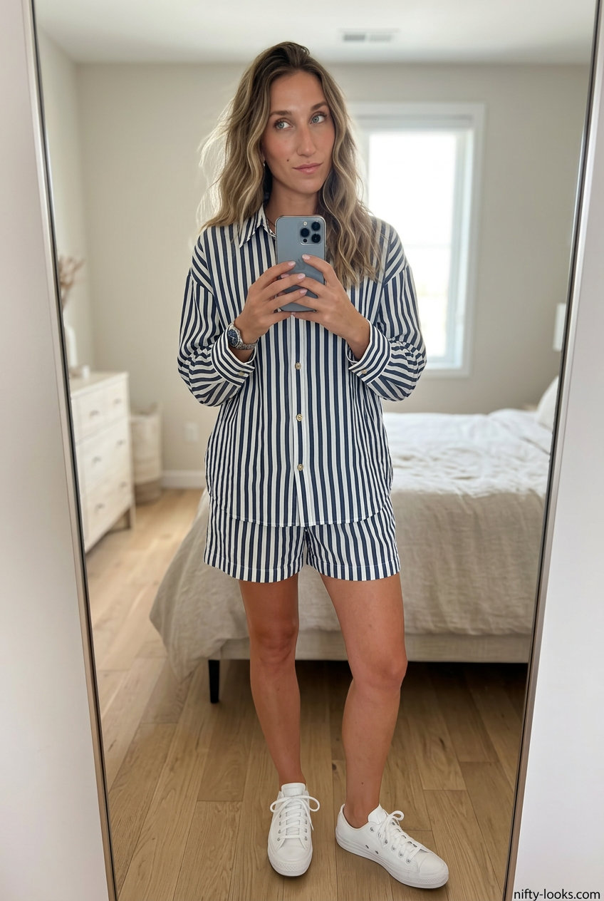 Classic summer matching set co-ord outfits for women 2026: navy & white stripe button-up & Bermuda shorts for smart casual.
