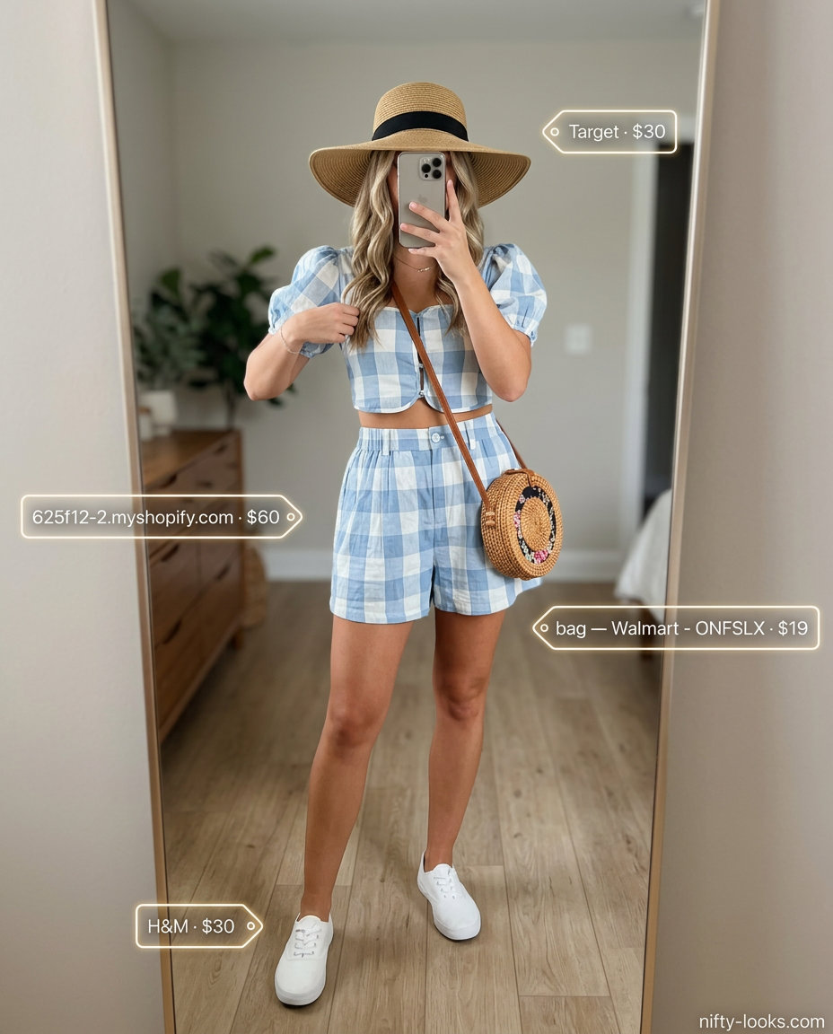 Pastel blue gingham matching set co-ord outfits for women 2026, perfect for picnics or farmers markets.