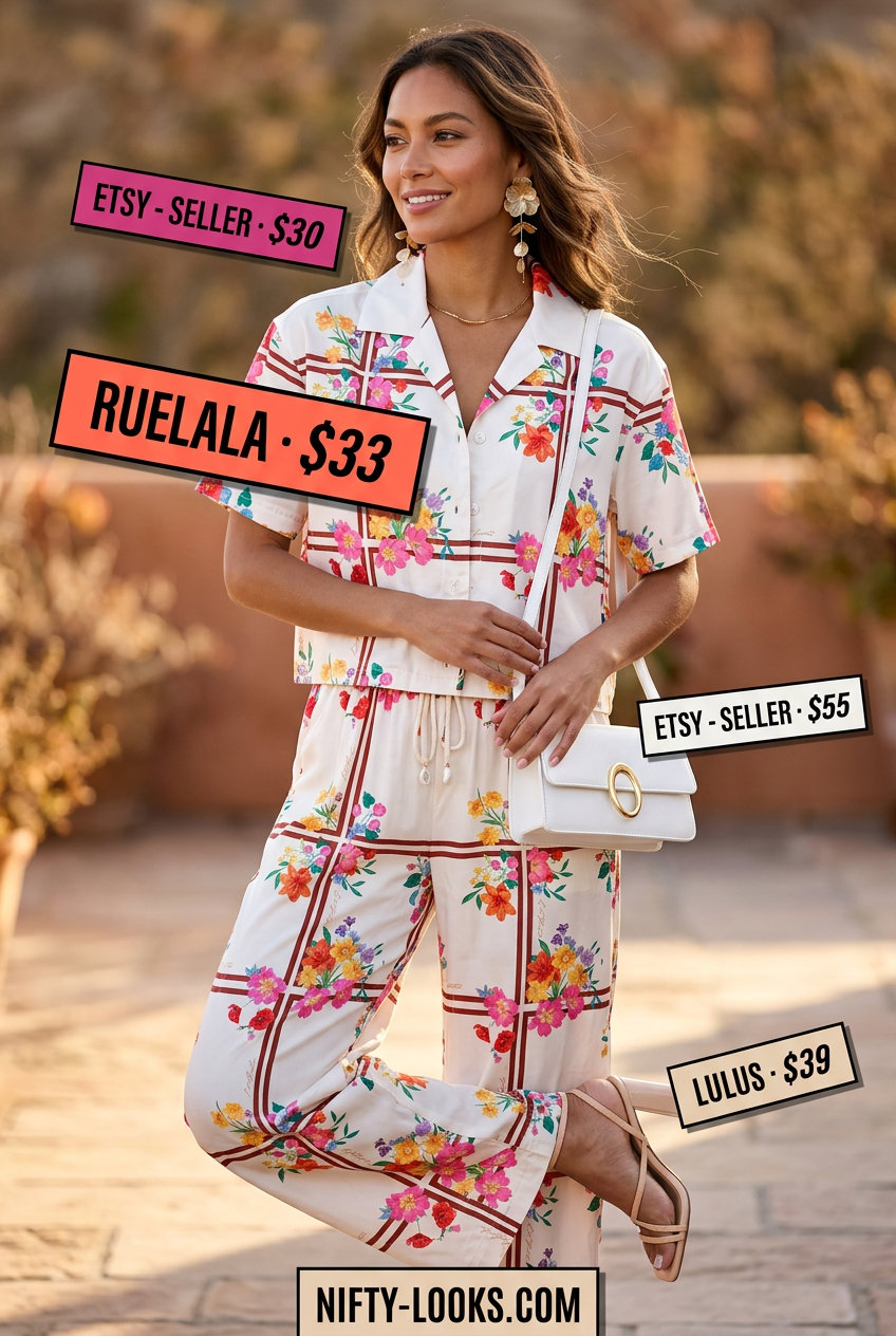 Vibrant summer matching set co-ord outfits for women 2026: coral, fuchsia, emerald print crop top & midi skirt for parties.