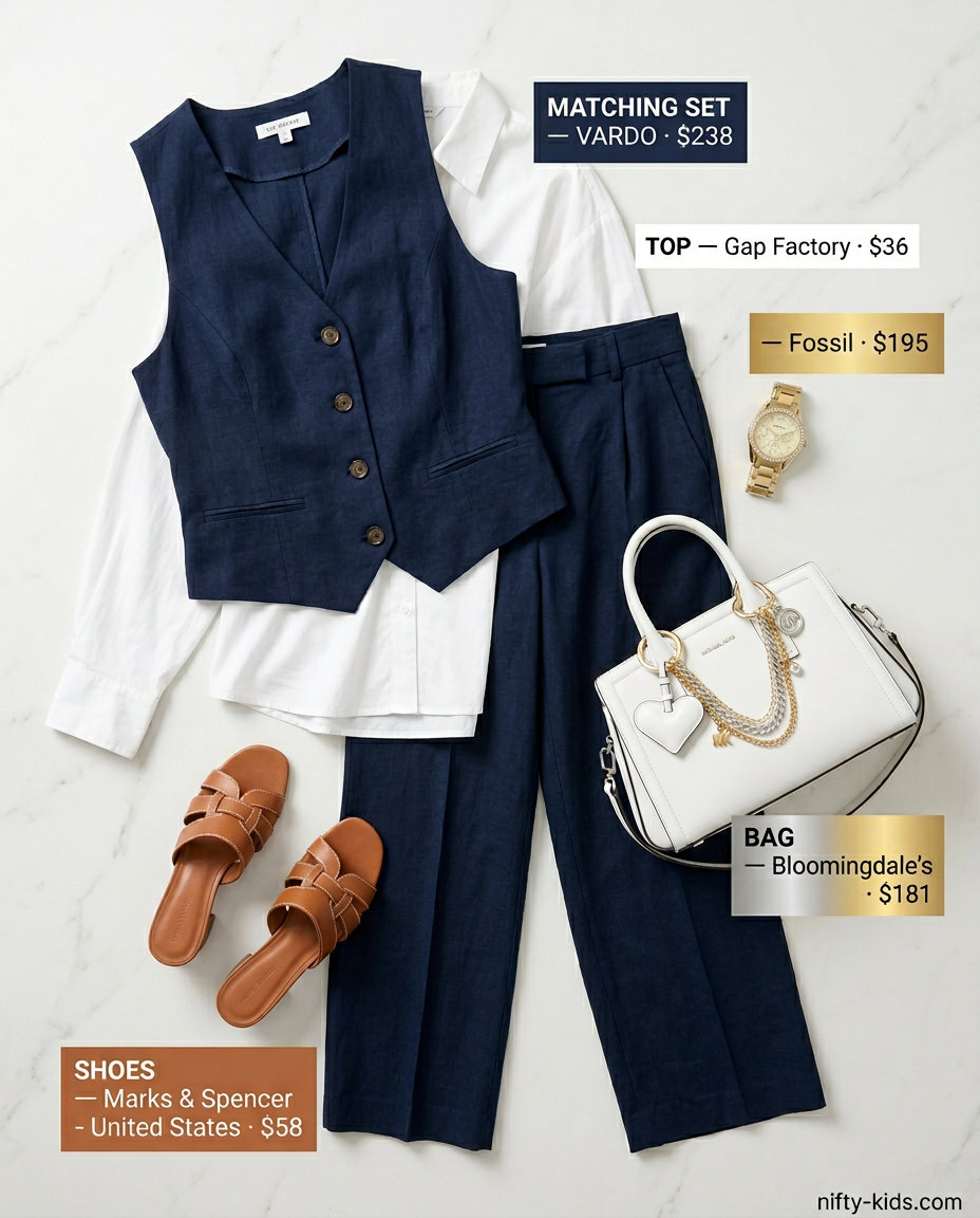 Navy linen matching set for women 2026, perfect for smart casual office and daytime events.