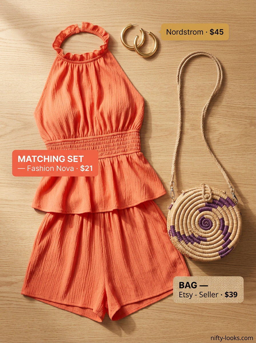 Coral orange matching set for women 2026, perfect for summer parties and beach clubs.