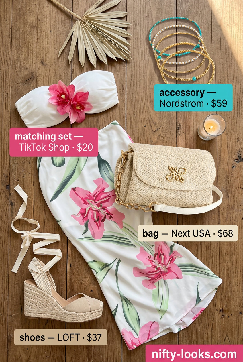 Tropical green and pink floral matching set for women 2026, perfect for resort wear and vacation evenings.