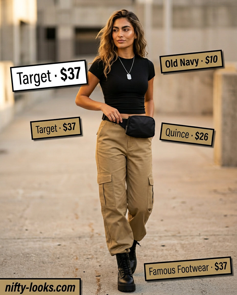 Khaki cargo matching set for women 2026, ideal for city exploration and music festivals.