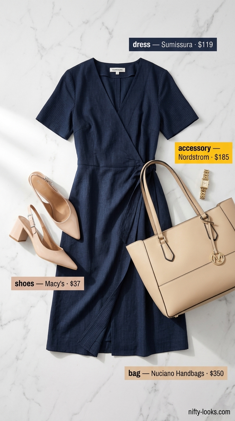 Office Summer Midi Dresses 2026 Tailored navy blue wrap midi dress for summer 2026, perfect for office wear with block heels and tote.