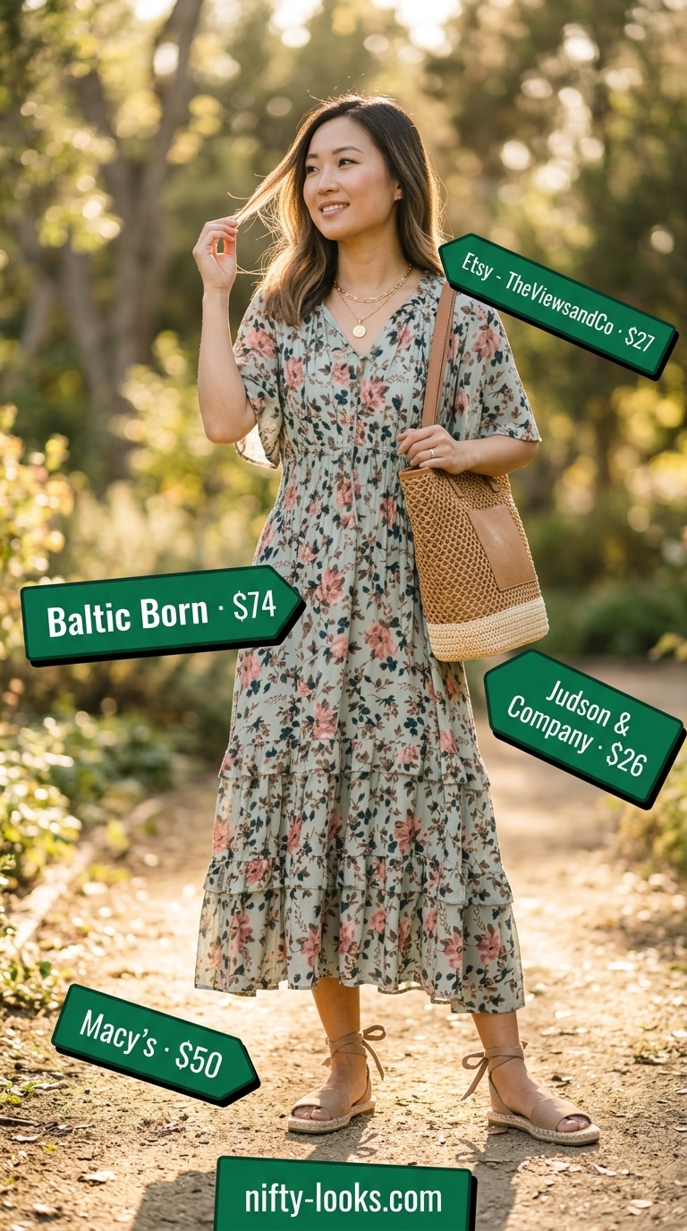 Summer Midi Dresses 2026: Bohemian Dream Bohemian summer midi dresses 2026: Floral dress, straw tote, espadrilles, layered necklaces.