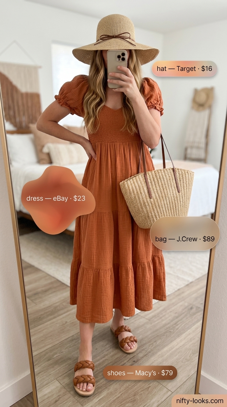 Bohemian Summer Midi Dresses 2026 Bohemian terracotta gauze midi dress for summer 2026, perfect for vacation with leather sandals and straw hat.