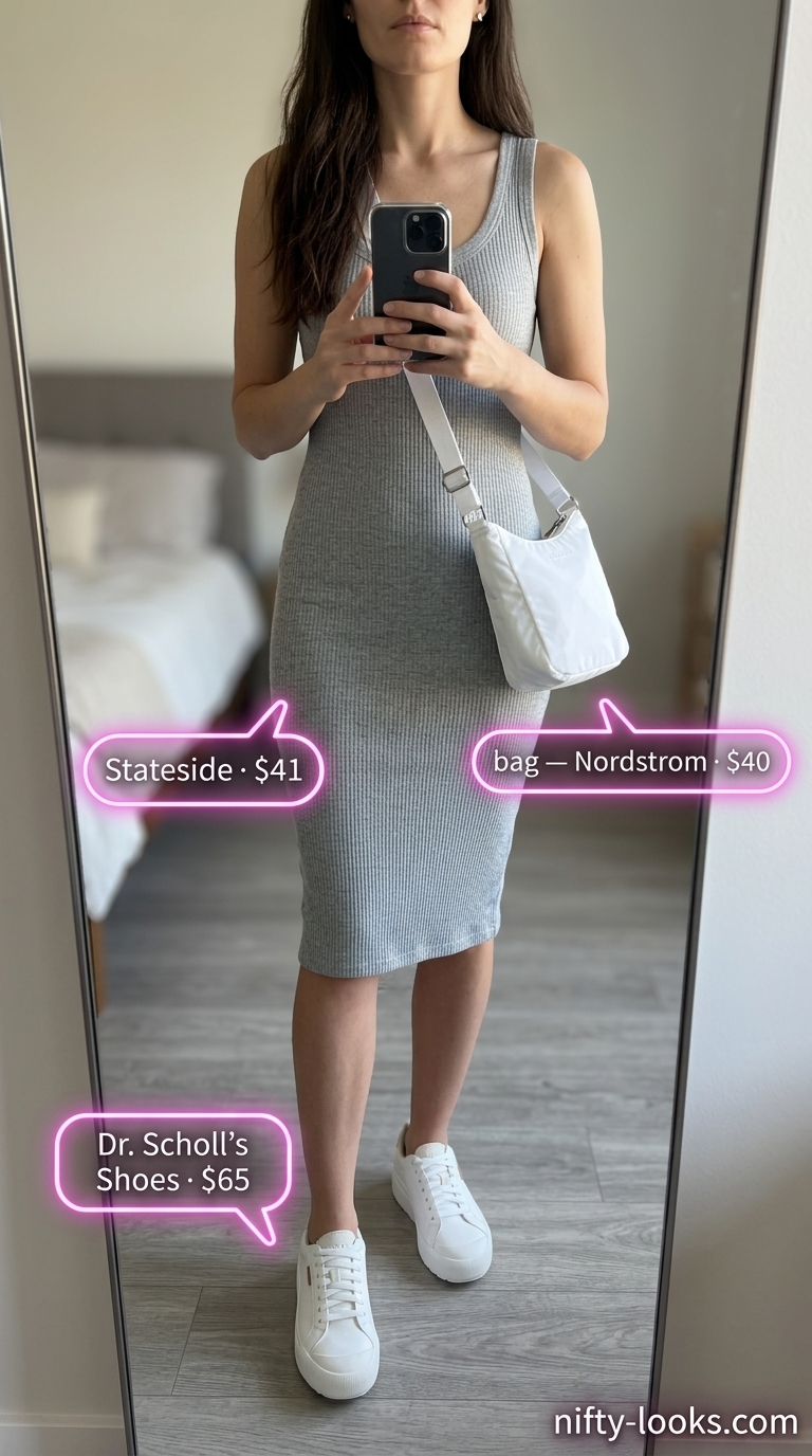 City Chic Summer Midi Dresses 2026 Heather grey ribbed knit midi dress for summer 2026, perfect for city days with sneakers and crossbody bag.