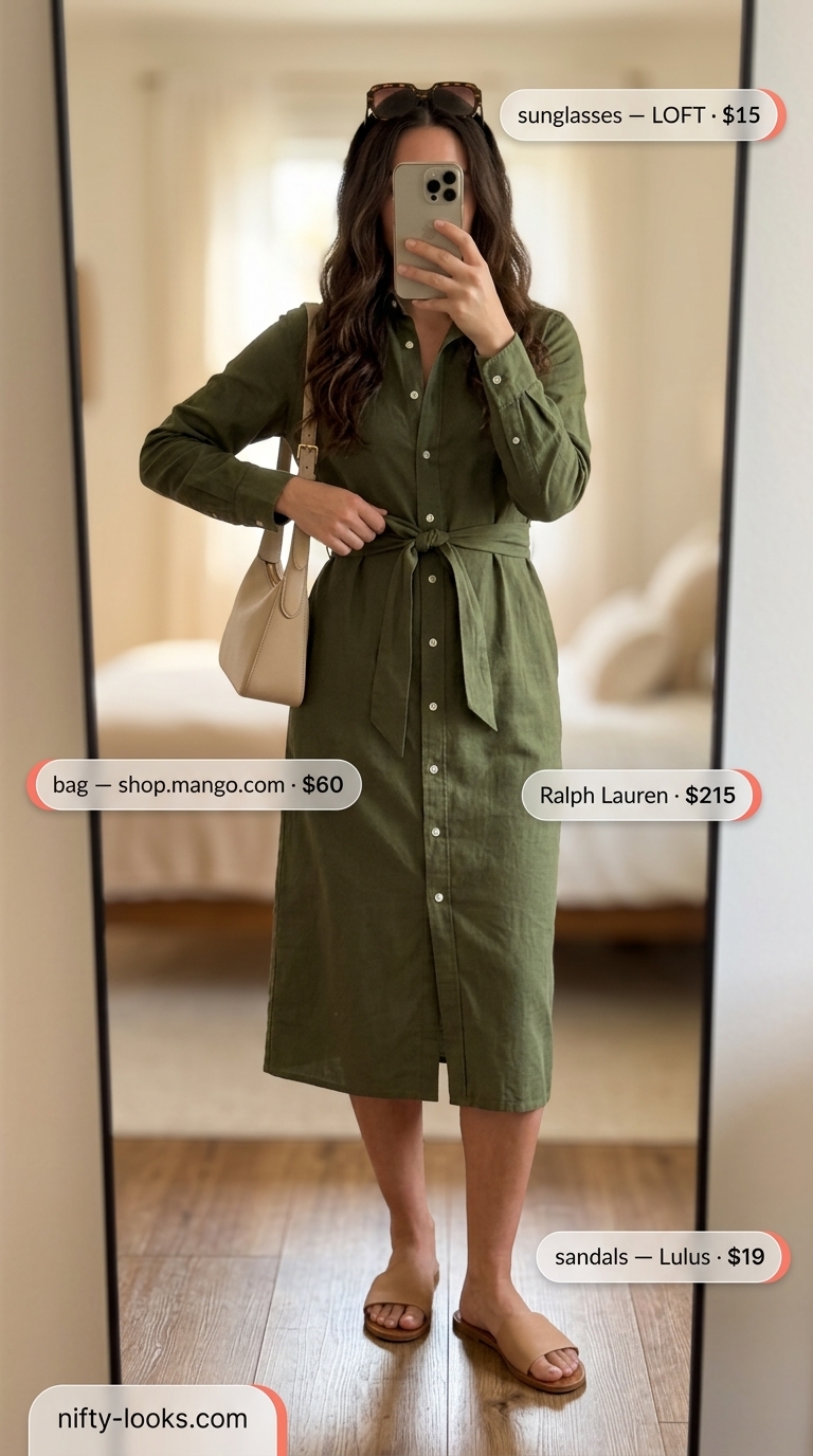 Summer Midi Dresses 2026: Coastal Linen Brunch Style Olive green linen shirt dress with tan crossbody bag for summer midi dresses 2026. Coastal brunch outfit.