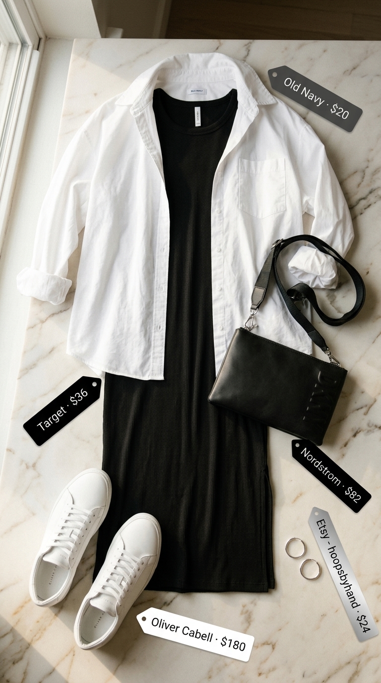 Summer Midi Dresses 2026: Urban Chic Coffee Date Black ribbed knit midi dress with white oversized shirt for summer midi dresses 2026. City errands outfit.