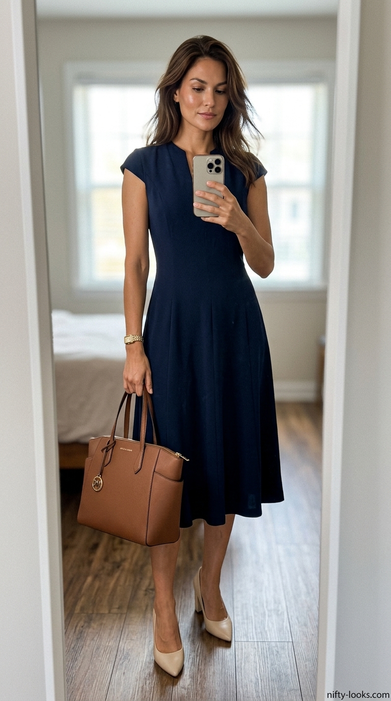 Summer Midi Dresses 2026: Office Chic Executive summer midi dresses 2026: Navy tailored dress, cream heels, tan tote for office.
