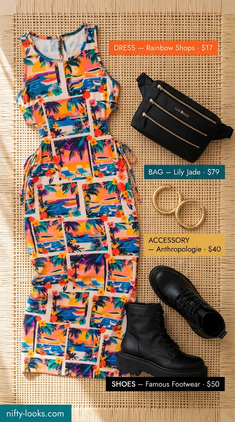 Festival Summer Midi Dresses 2026 Tropical print midi dress for summer 2026, perfect for festivals with combat boots and wide-brim hat.