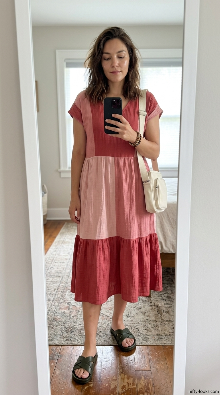 Summer Midi Dresses 2026: Free Spirit Free-spirited summer midi dresses 2026: Terracotta dress, olive sandals, beaded bracelets.