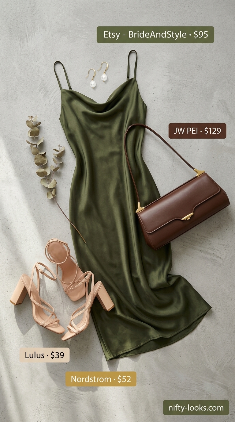 Summer Midi Dresses 2026: Gallery Opening Chic Olive green satin column midi dress for summer midi dresses 2026. Gallery opening outfit.