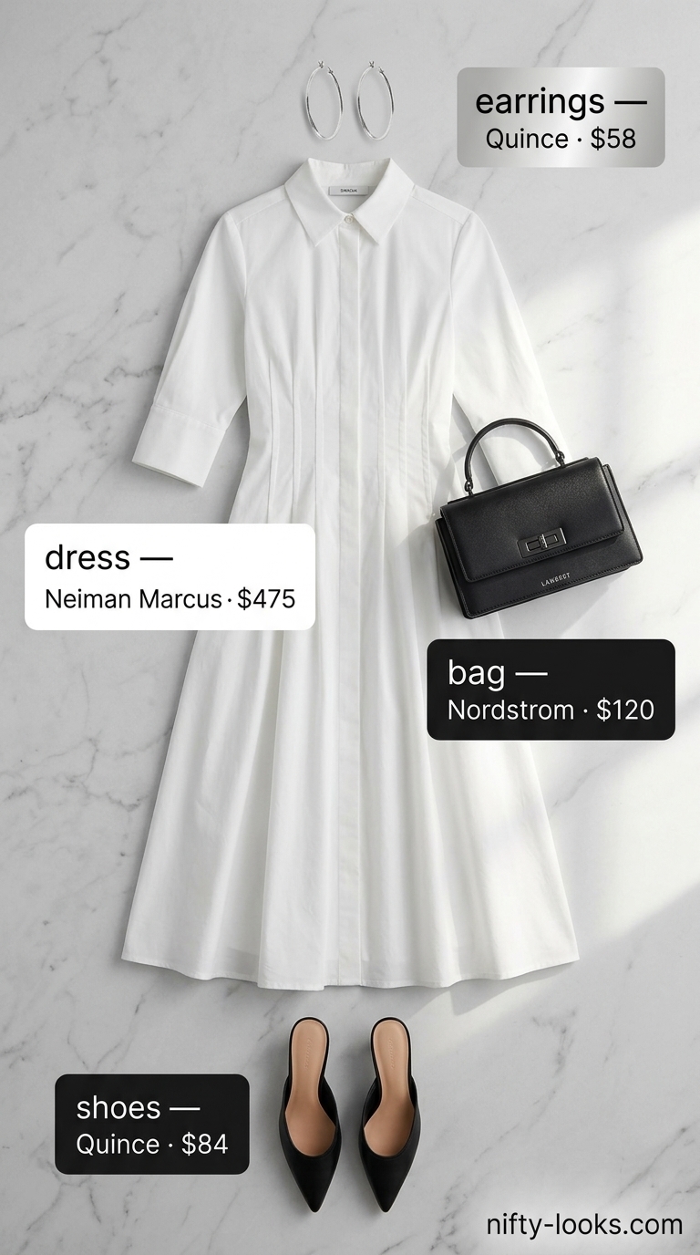 Chic Summer Midi Dresses 2026 Crisp white shirt midi dress for summer 2026, ideal for gallery openings with black mules and shoulder bag.