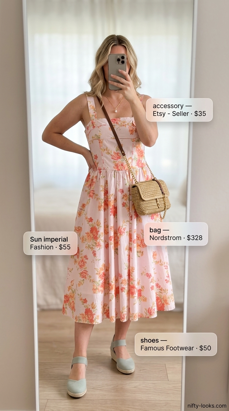 Garden Party Summer Midi Dresses 2026 Pink floral midi dress for summer 2026, perfect for garden parties with espadrille wedges and raffia bag.