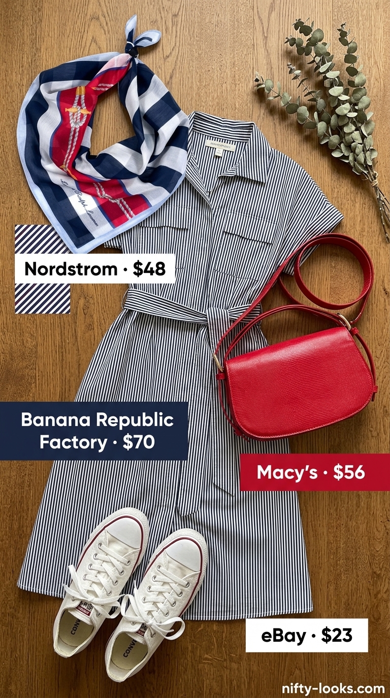 Summer Midi Dresses 2026: Nautical Prep Nautical summer midi dresses 2026: Navy stripe dress, white sneakers, red crossbody bag.