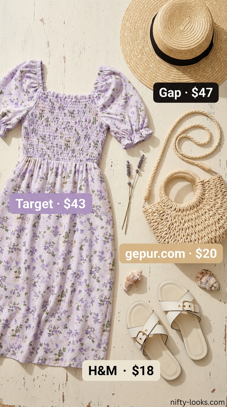 Summer Midi Dresses 2026: Romantic Lavender Picnic Lavender floral print midi dress with puff sleeves for summer midi dresses 2026. Picnic outfit.