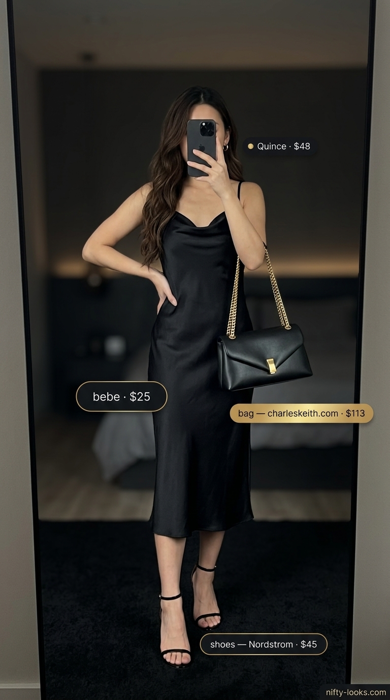 Summer Midi Dresses 2026: Sleek Date Night Look Black satin slip midi dress with cowl neck for summer midi dresses 2026. Date night outfit.