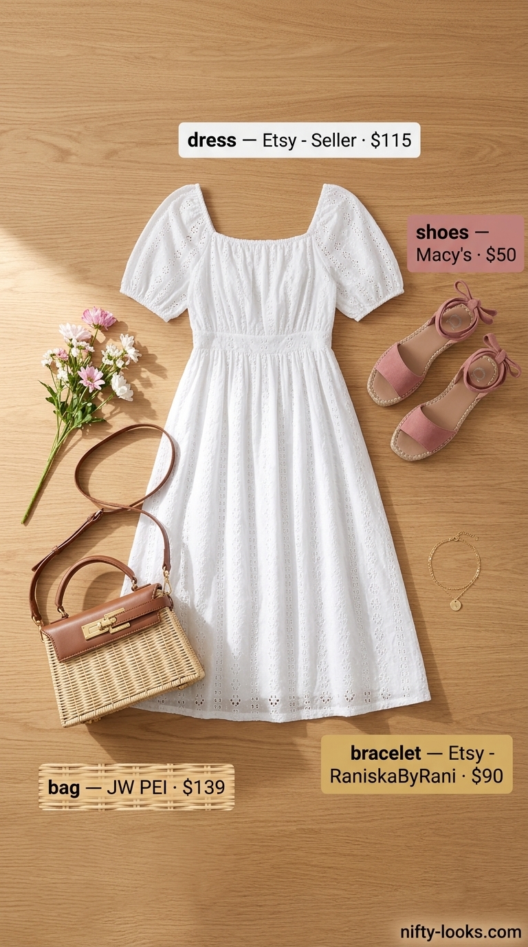 Picnic Summer Midi Dresses 2026 White eyelet lace midi dress for summer 2026, perfect for picnics with espadrille sandals and wicker bag.