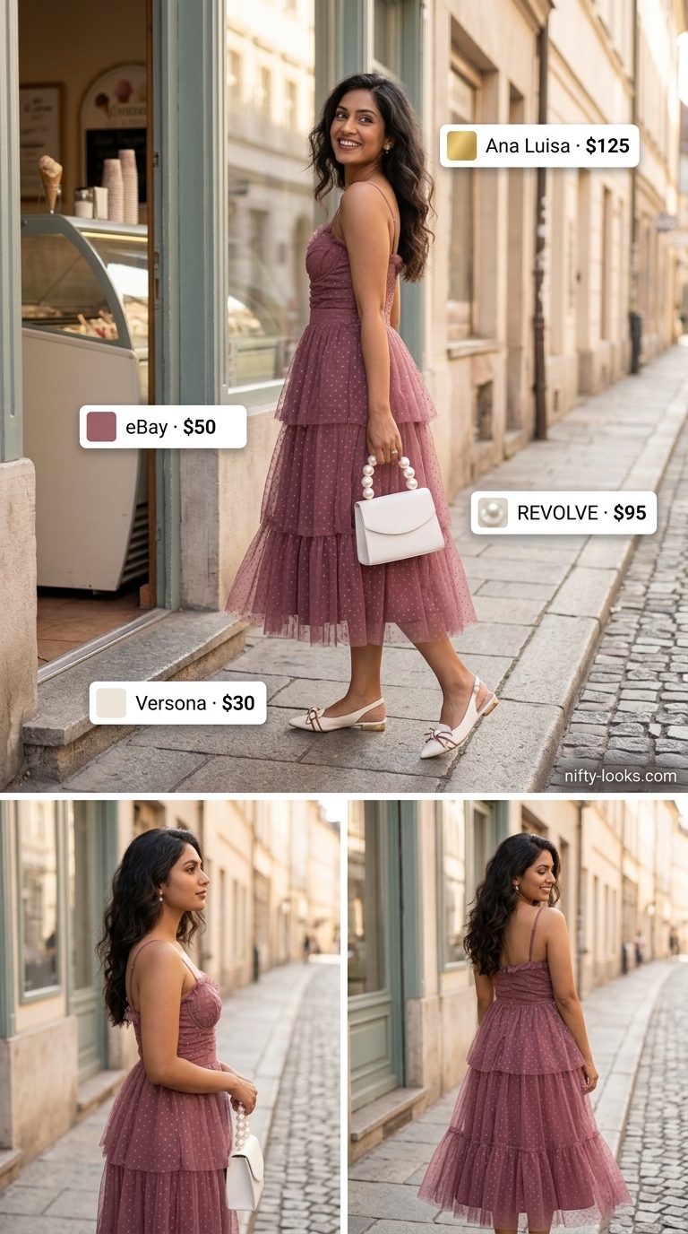 Summer Midi Dresses 2026: Retro Ice Cream Social Dusty rose polka dot midi dress for summer midi dresses 2026. Retro ice cream social outfit.