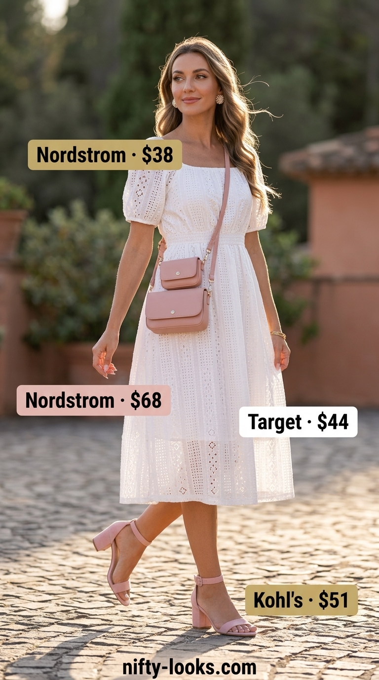 Summer Midi Dresses 2026: Garden Party Feminine summer midi dresses 2026: White eyelet dress, blush pink sandals, nude bag.
