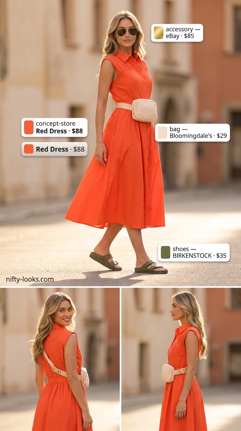 Adventure Summer Midi Dresses 2026 Tangerine orange utility midi dress for summer 2026, perfect for travel with flat sandals and aviators.