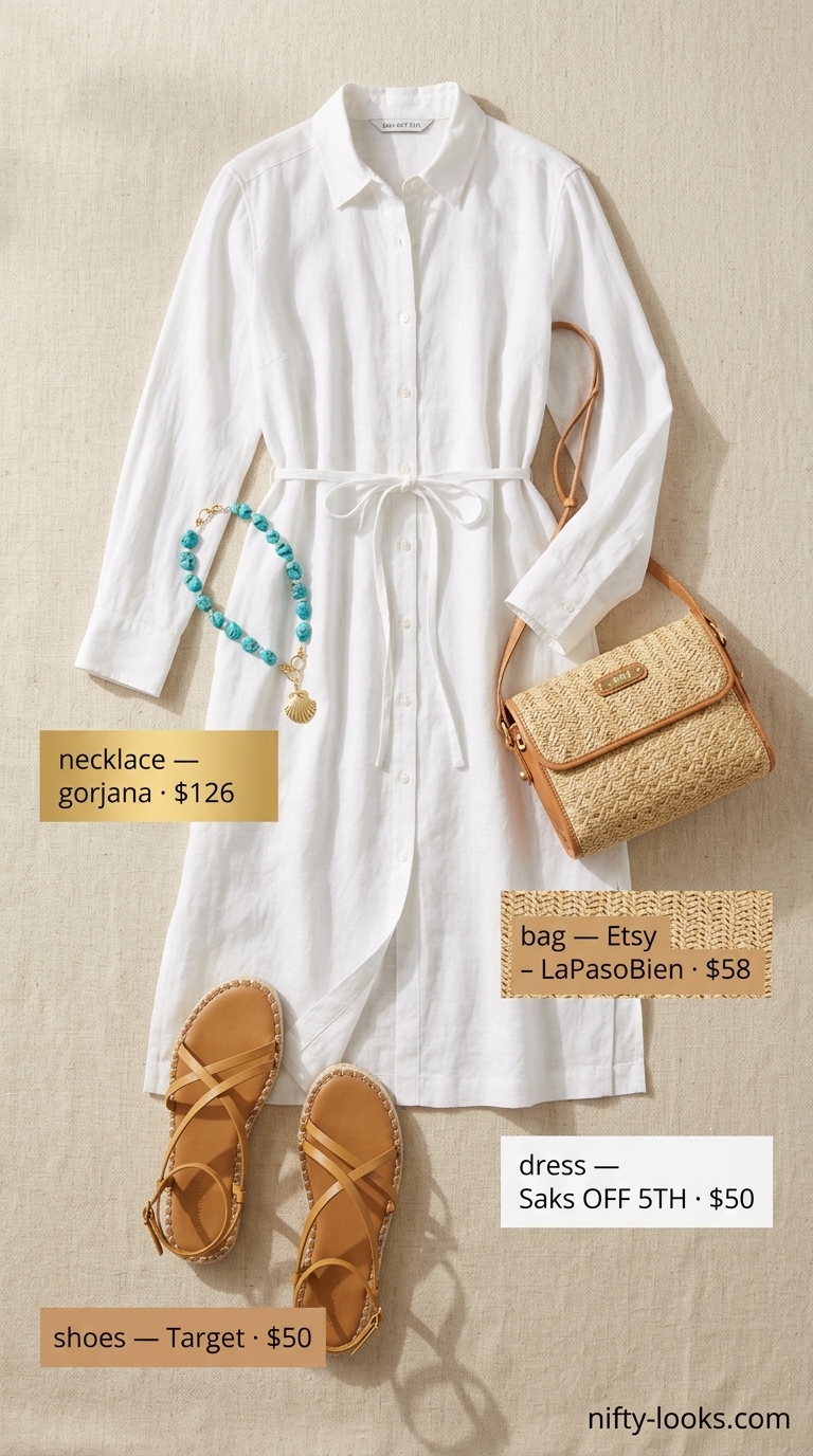 Summer Midi Dresses 2026: Seaside Linen Chic White linen shirtdress with tie waist for summer midi dresses 2026. Seaside brunch outfit.