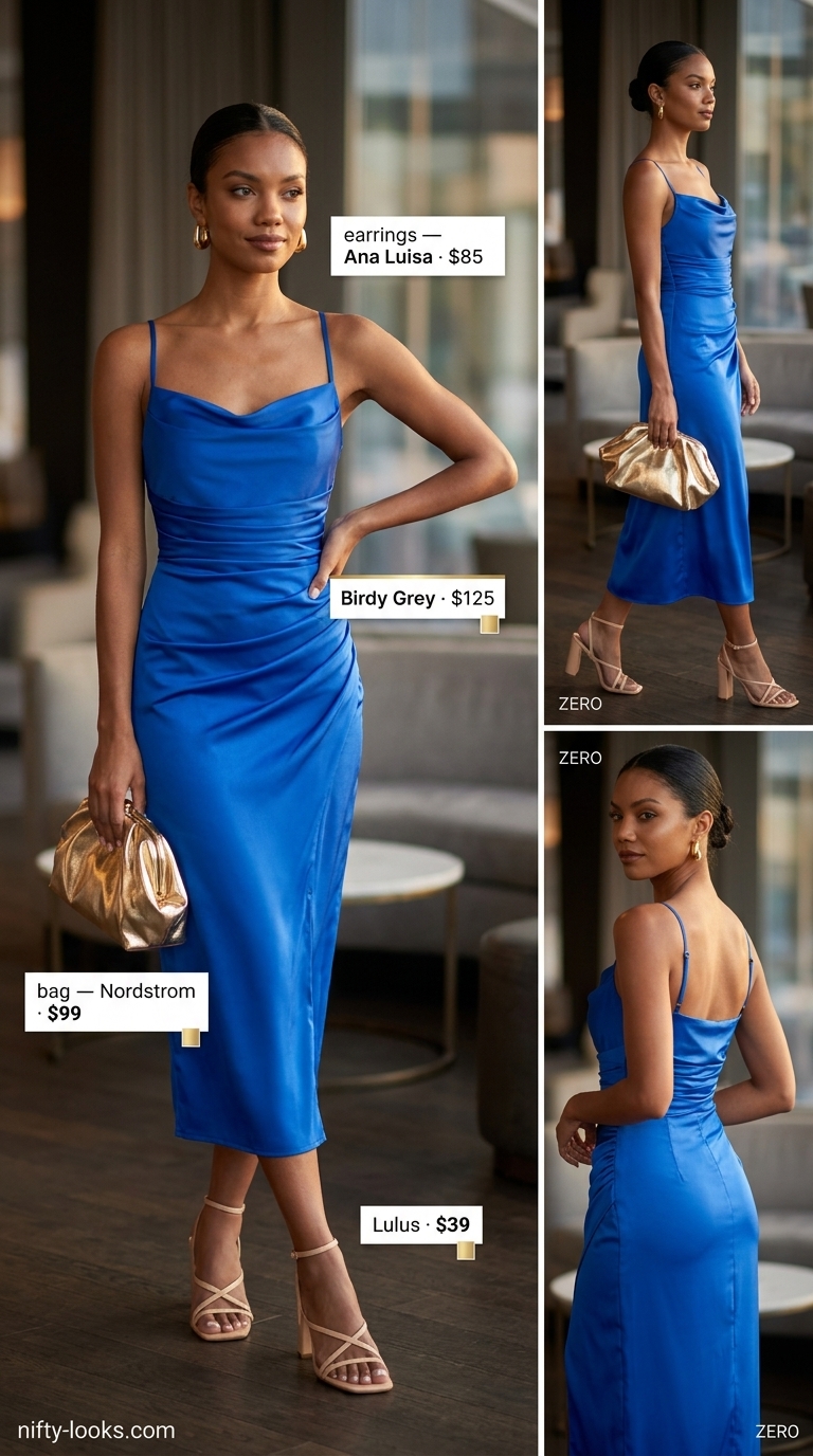 Summer Midi Dresses 2026: Cocktail Hour Glamorous summer midi dresses 2026: Cobalt blue satin dress, gold hoops, nude heels.