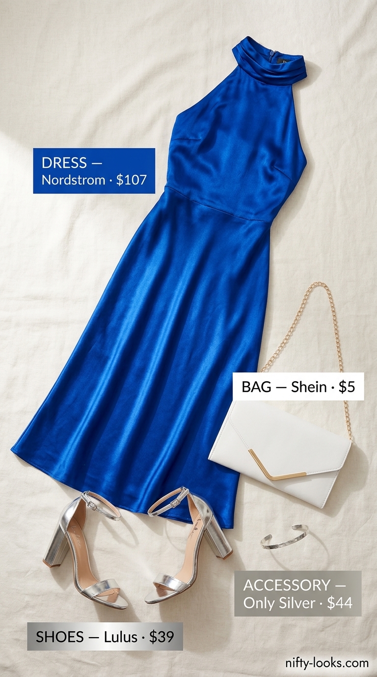 Summer Midi Dresses 2026: Sunset Island Glam Cobalt blue satin halter midi dress for summer midi dresses 2026. Sunset island glam outfit.