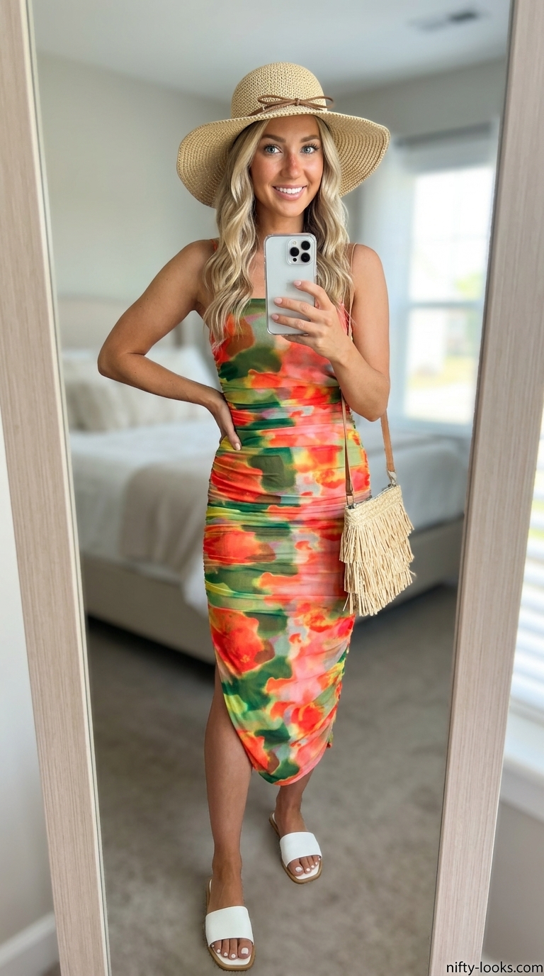 Tropical Summer Midi Dresses 2026 Vibrant abstract print midi dress for summer 2026, ideal for resort wear with white sandals and straw hat.