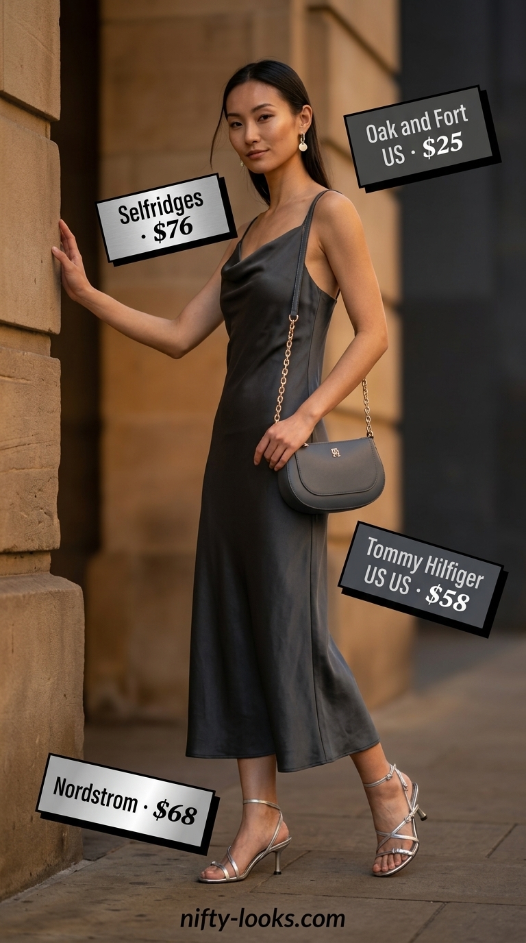 Summer Midi Dresses 2026: Urban Sophistication Sophisticated summer midi dresses 2026: Black satin dress, silver sandals, charcoal bag.