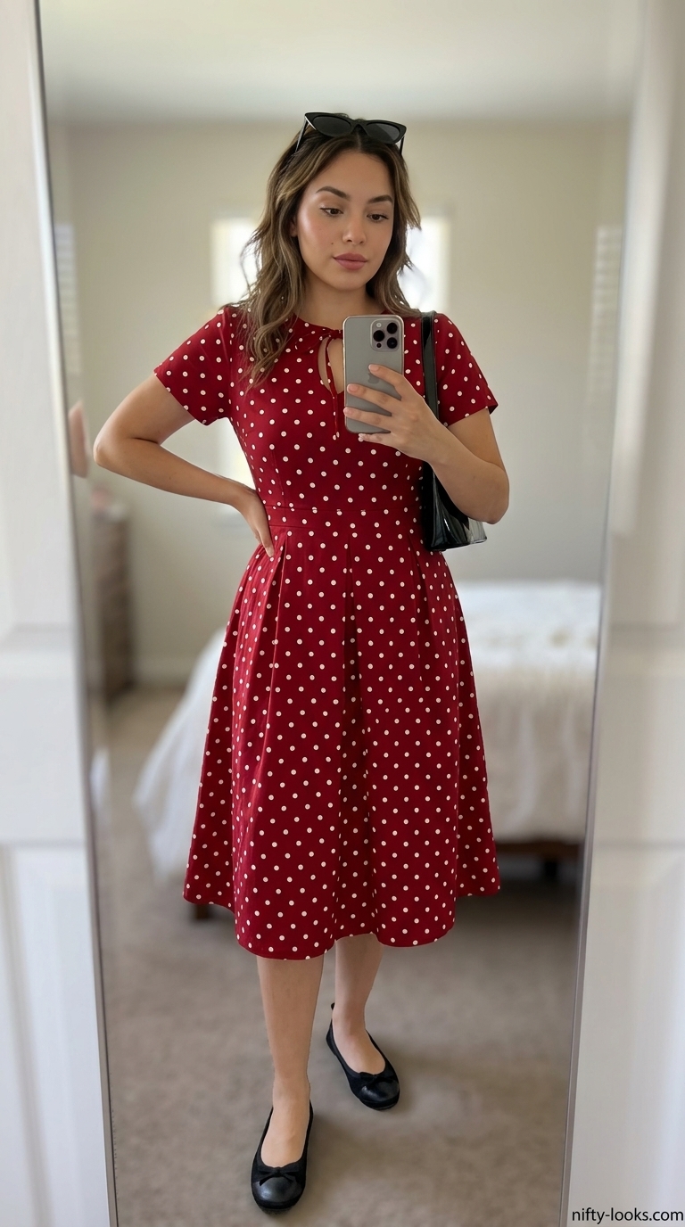 Summer Midi Dresses 2026: Vintage Charm Playful summer midi dresses 2026: Red polka dot dress, black flats, cat-eye sunglasses.