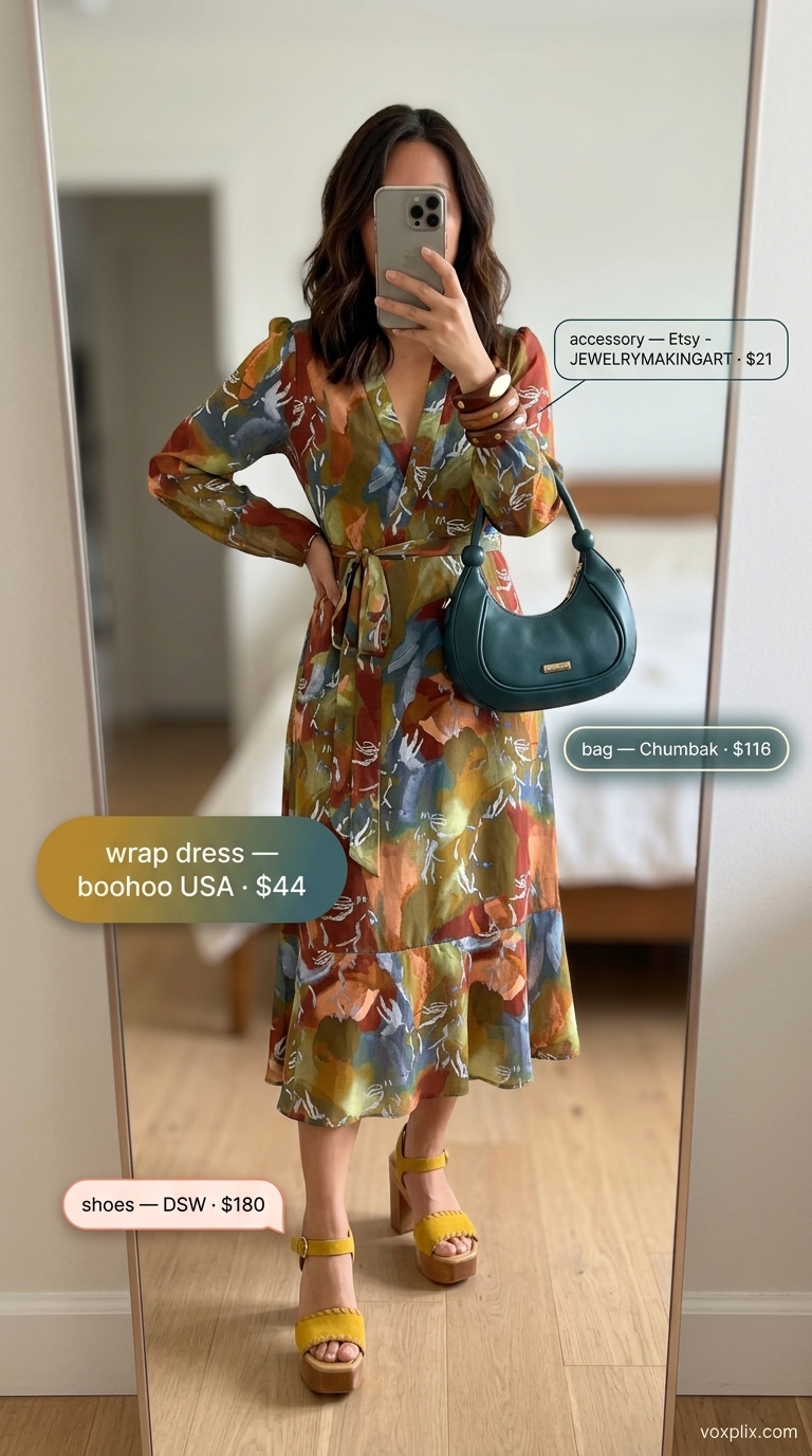 Abstract print midi wrap dress outfit for women 2026, creative for museum visits and festivals.