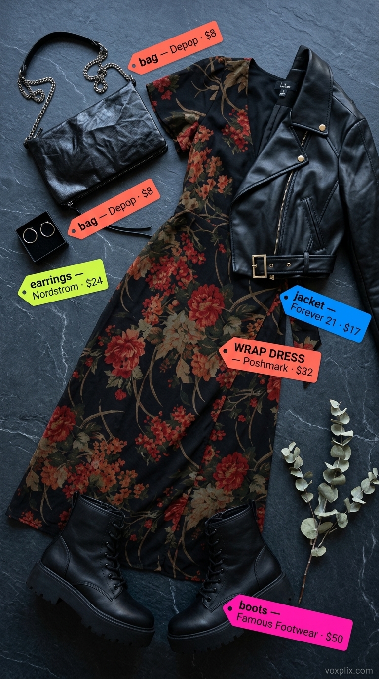 Summer midi wrap dress outfits for women 2026: Black floral dress, biker jacket, combat boots for a concert.