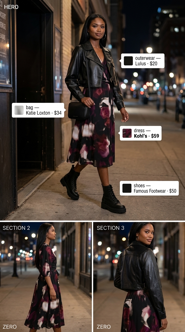 Summer midi wrap dress outfits for women 2026: Black floral dress, biker jacket, combat boots for a night out.