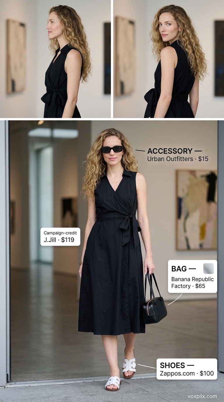 Black sleeveless midi wrap dress outfit for women 2026, minimalist for art galleries and shopping.