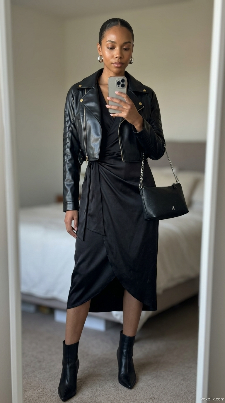 Black satin midi wrap dress outfit for women 2026, edgy for evening drinks and nights out.