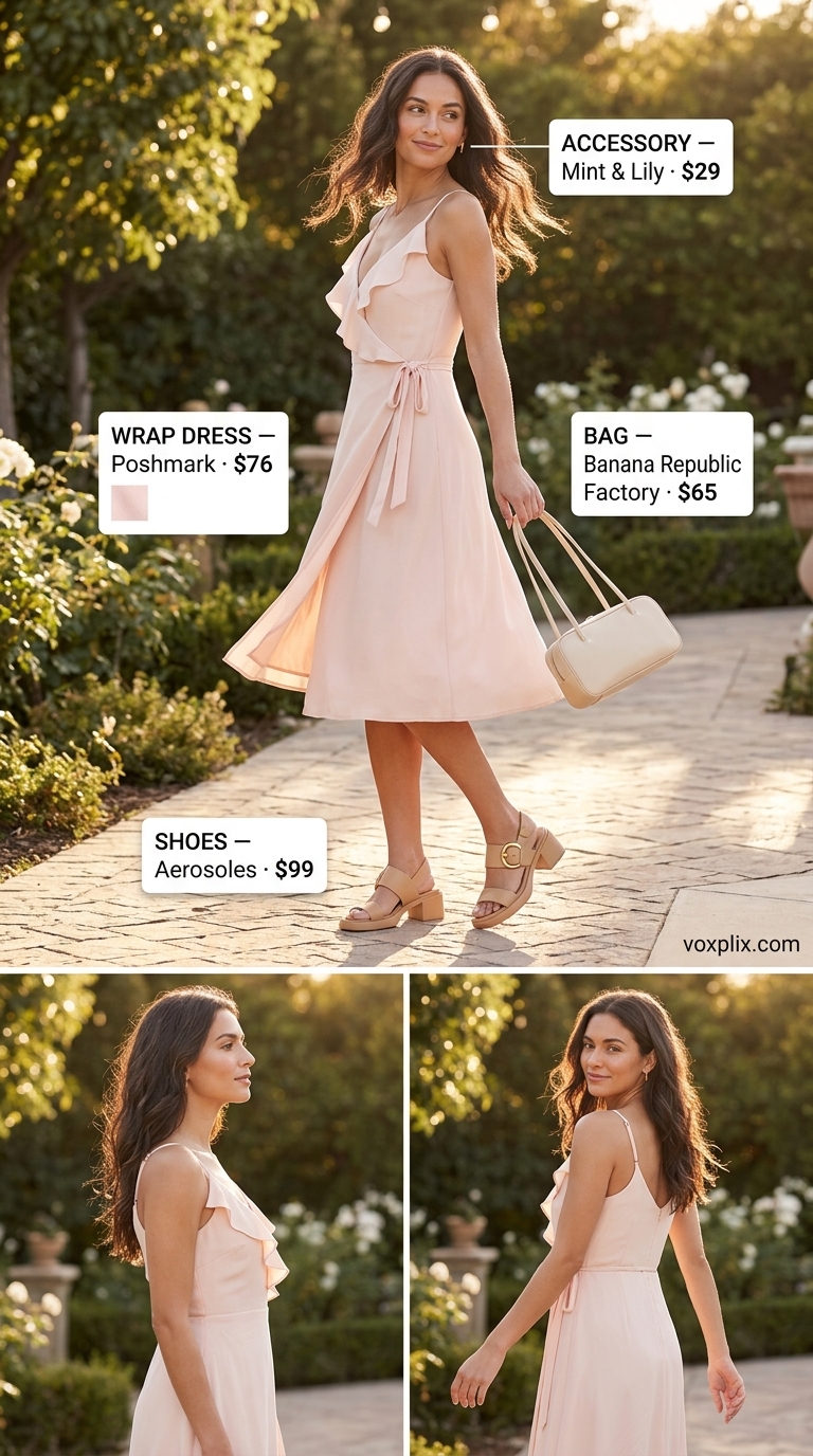 Blush pink midi wrap dress outfit for women 2026, perfect for bridal showers or tea parties with cream accessories.