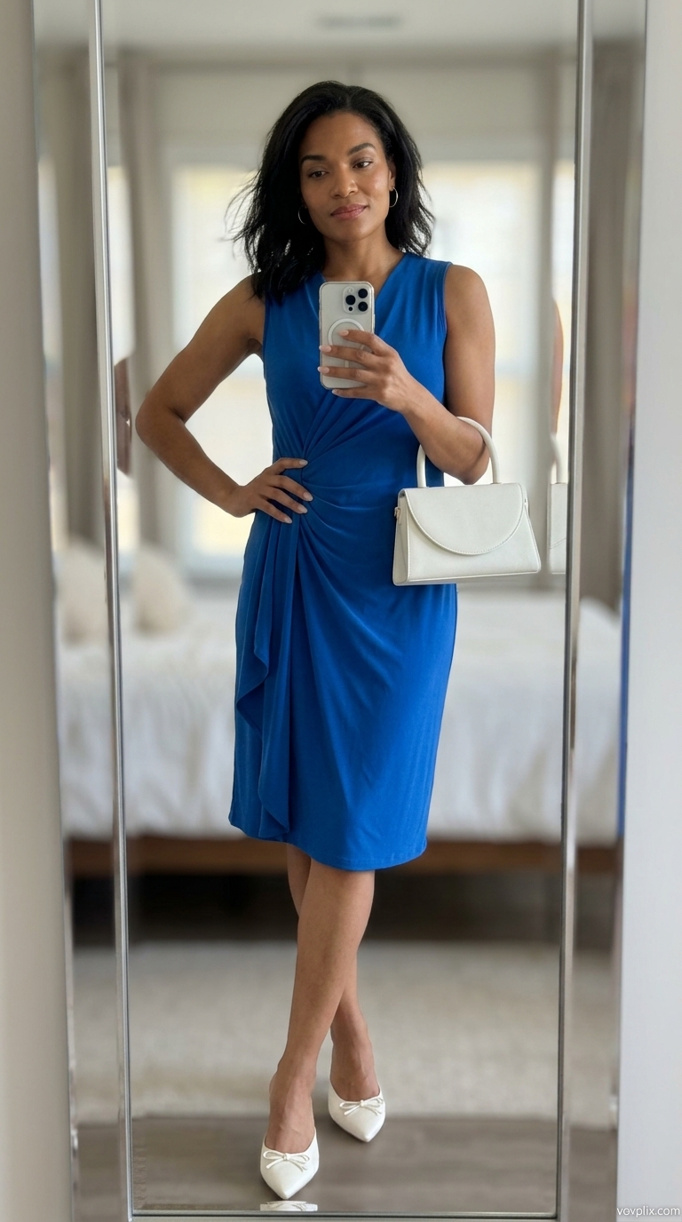 Summer midi wrap dress outfits for women 2026: Cobalt blue dress, white mules for office casual or after-work drinks.