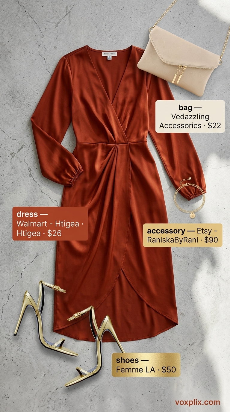 Summer midi wrap dress outfits for women 2026: Coral satin dress, gold heels for date night or cocktail party.