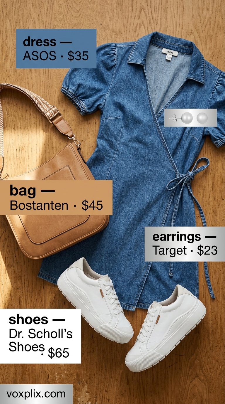 Light blue denim midi wrap dress outfit for women 2026, perfect for casual city exploration with white sneakers.