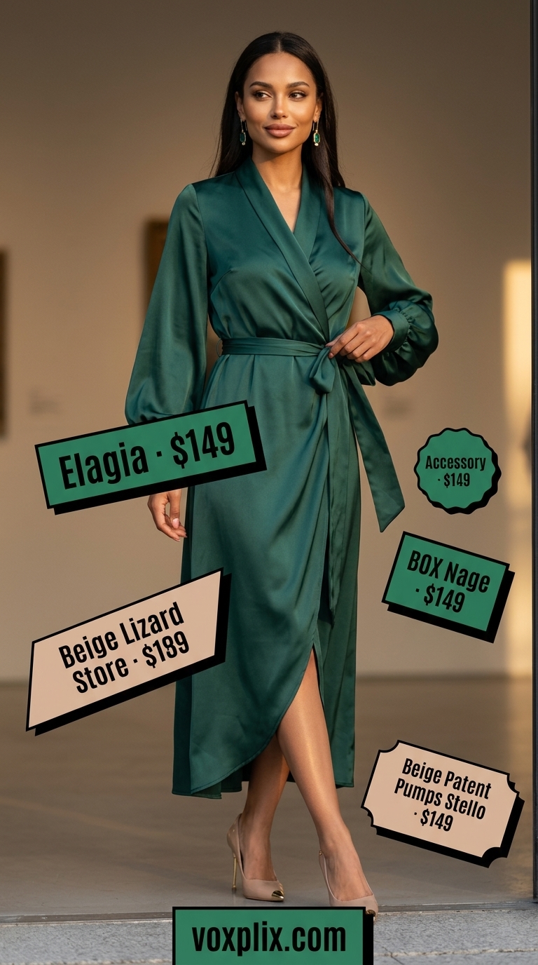 Summer midi wrap dress outfits for women 2026: Emerald green silk dress, nude pumps for a gallery opening.