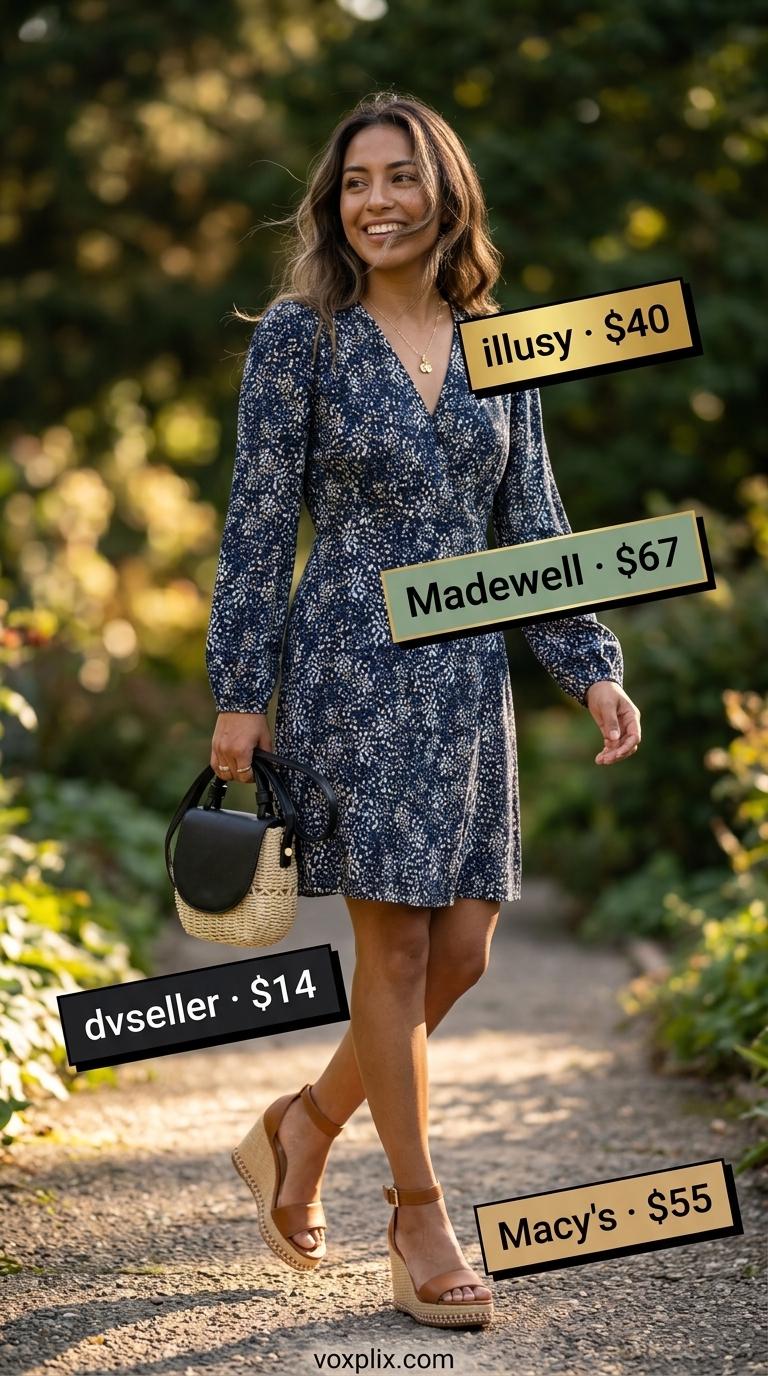 Summer midi wrap dress outfits for women 2026: Pink floral dress, straw bag, espadrilles for a garden party.