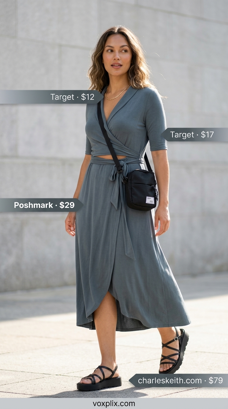 Khaki green midi wrap dress outfit for women 2026, perfect for city exploration with black sandals and gold necklace.