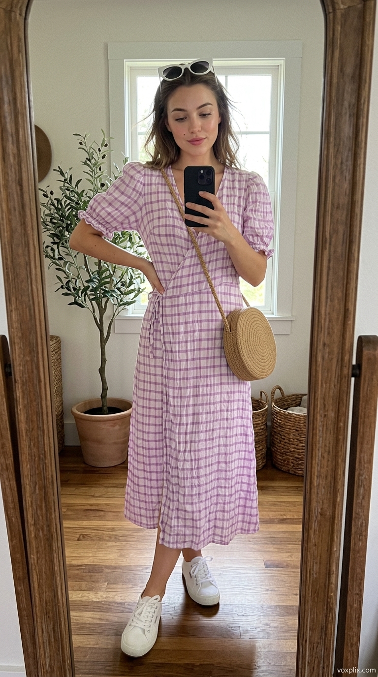 Lavender gingham midi wrap dress outfit for women 2026, ideal for vineyard visits and picnics with white sneakers.