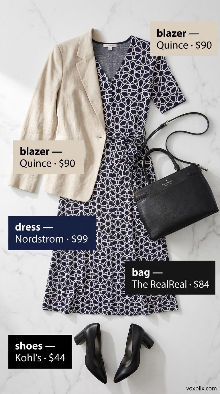 Navy geometric print midi wrap dress outfit for women 2026, professional for office wear and meetings.